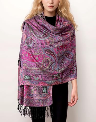 Achillea Reversible Paisley Pashmina Rave Scarf – Exotic Indian Shawls and Wraps for Evening Dresses, Festivals, All Seasons - color: Tapestry Fuchsia