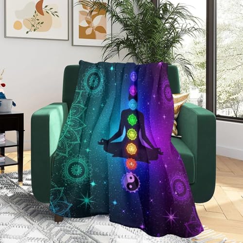 Fleece Blanket Plush Throw Fuzzy Throws Nine Chakra Yoga Meditation Lotus Blue Mandala, Lightweight Soft Microfiber Flannel Blankets for Couch Bed Sofa, 60"x80"