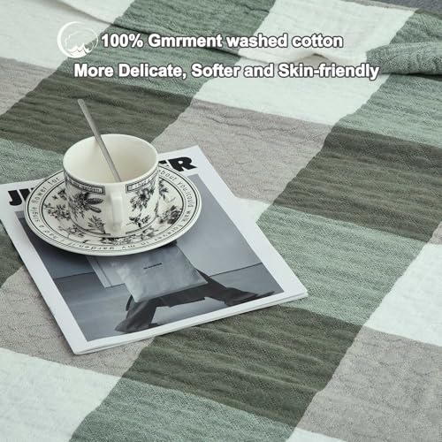 Cotton Throw Blanket for Couch, 50"x60" Plaid Checkered Muslin Blanket, Soft 4-Layer Pre-Washed Reversible & Breathable, All-Season Lightweight Bed Blanket (Green) - color: Green Checkered, size: 50"x60"