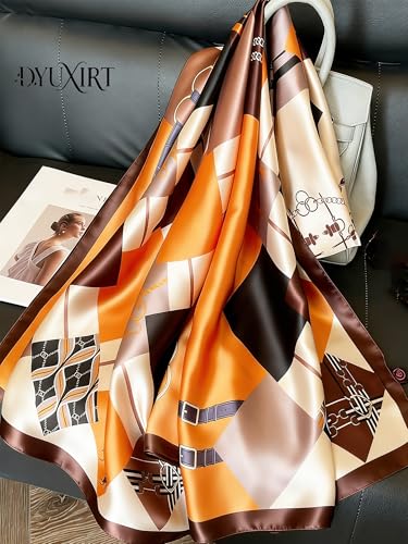 100% Mulberry Silk Oversized Women’s Sun-Shielding Shawl Formal Evening Neckwear Featherlight Airy - color: N15-tangerine Geo Scarf（69" X 21"inch）