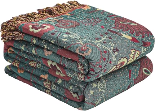 Boho Fall Throw Blanket for Bed,100% Ultra Cotton Soft Breathable Bed Throw Floral Printed Farmhouse Decor Rustic Bed Throws for Couch Sofa Quilt 90" x 98" - color: Green Peacock Tail, size: 90"x98"