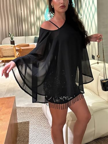 Women Chiffon Cape Shawls and Warps for Evening Dress Wedding Sheer Mesh Flowy Capelets Top - color: A-black, size: Small