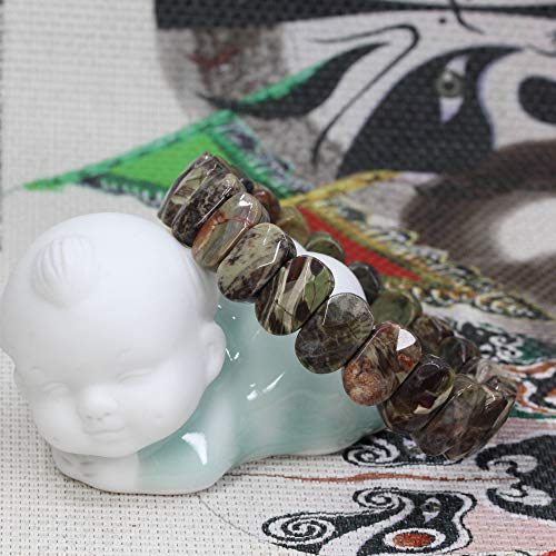 Keleny Semi Precious Stones 14mm Faceted Oval Beads Crystal Rock Elastic Bangle 7.5 Inch - color: Blossom Agate