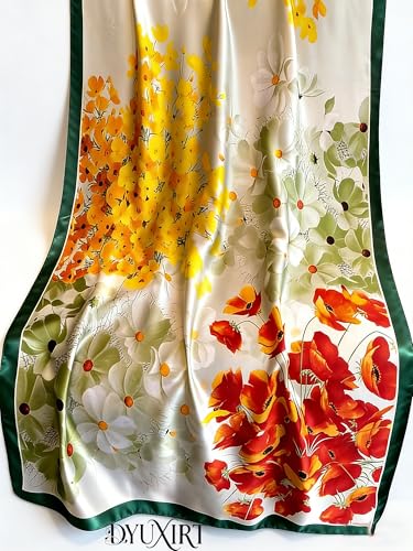 100% Mulberry Silk Oversized Women’s Sun-Shielding Shawl Formal Evening Neckwear Featherlight Airy - color: N28-vivid Bloom Scarf（69" X 21"inch）