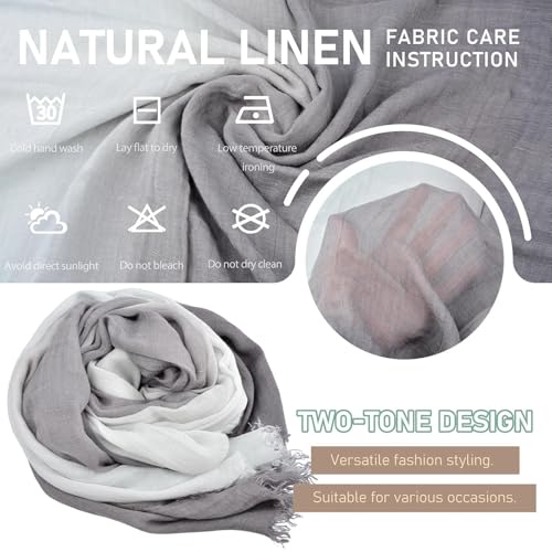 Two-tone Linen Scarf for Women Lightweight Summer Wrap Cotton Shawl Beach Travel Pashmina Gauze 75"×35" - color: Light Grey/White