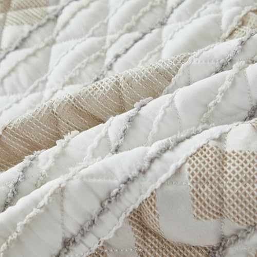Brandream Cotton Quilted Throw Blanket – Lightweight Striped Design for All-Season Use Cozy Beige and White Throw for Sofa, Chair, or Bed