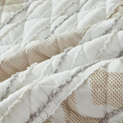 Brandream Cotton Quilted Throw Blanket – Lightweight Striped Design for All-Season Use Cozy Beige and White Throw for Sofa, Chair, or Bed
