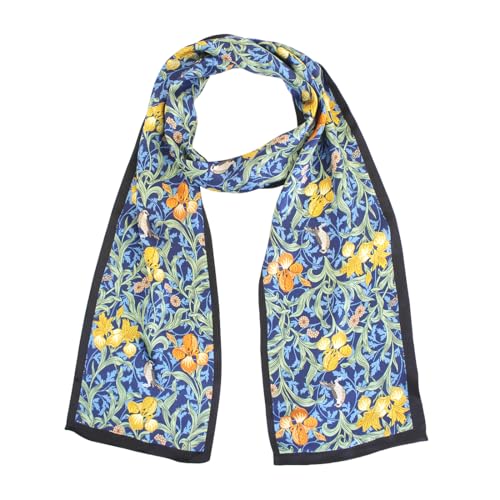 100% Silk Scarf for Women 59”*6.3” Long Shawls for Headscarf and Neck- Oblong Hair Wraps with Gift Packed - color: Floral-navy Blue