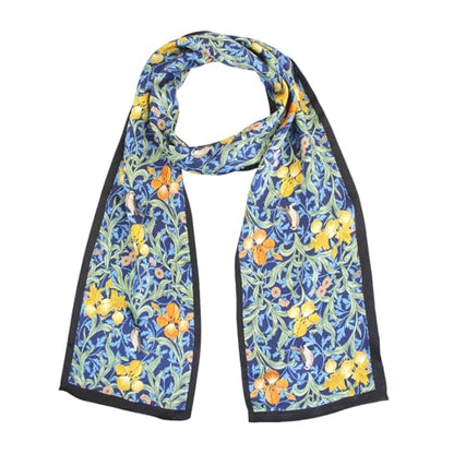 100% Silk Scarf for Women 59”*6.3” Long Shawls for Headscarf and Neck- Oblong Hair Wraps with Gift Packed - color: Floral-navy Blue