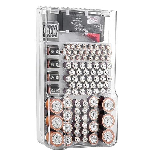 Battery Organizer Storage Box with Tester, Clear Lid Battery Organizer Storage Case, Holder Battery Carrying Case（Batteries are Not Included）