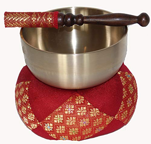 Singing Bowl Set Japanese Rin Gong Spun Brass with Cushion & Striker (4.2" Round Red Gold Brocade) - color: 4.2" Round Red Gold Brocade