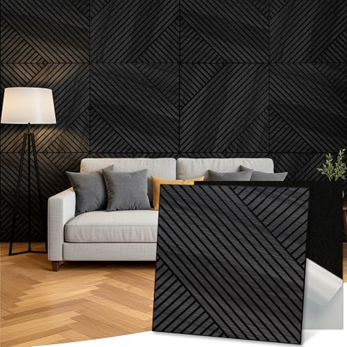 Art Acoustic Wall Panels, 23.6x23.6 Inch 8 Pack, PVC Wood Grain Veneer, Sound Absorbing Self-Adhesive Wall Decor, Staggered Melodies, Black Oak, for Home & Studio - color: Staggered Melodies, Black Oak, size: 8 Pack Curved