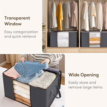 Lifewit 3 Pack 60L Clothes Storage Bins with Lids, Foldable Blanket Storage Bags with Zippers, Clear Window and Reinforced Handles, Closet and Organization for Clothing, Sweater, Comforter, Bedding - size: 60L