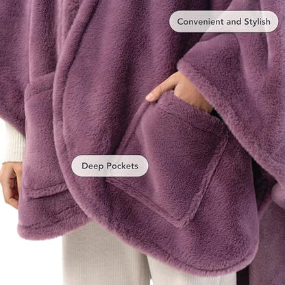 Berkshire Faux Fur Wearable Blanket, Cozy Reversible Loftmink Fleece Shawl with Hood & Side Pockets - color: Plum Smoke