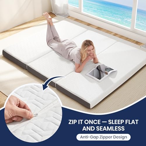 Hanherry 4 Inch Foldable Mattress Queen Size, Tri-Folding Portable Memory Foam Topper Floor Bed with Storage Bag, Washable Cover for Travel, Camping, RV, Guest - size: Queen (79 × 59 inch)