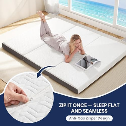 Hanherry 4 Inch Foldable Mattress Queen Size, Tri-Folding Portable Memory Foam Topper Floor Bed with Storage Bag, Washable Cover for Travel, Camping, RV, Guest - size: Queen (79 × 59 inch)