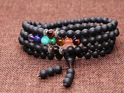 COAI 108 Japa Mala 7 Chakra Stone Wrap Bracelet Necklace - style: Matte Onyx