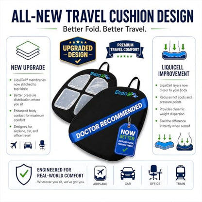 ERGO21 Travel Seat Cushion with LiquiCell® Membrane (Now Upgraded) - Thin Orthopedic Cushion for Sciatica, Tailbone, Back Pain Relief – Lightweight Foldable | Car, Truck, Airplane, Office & Home