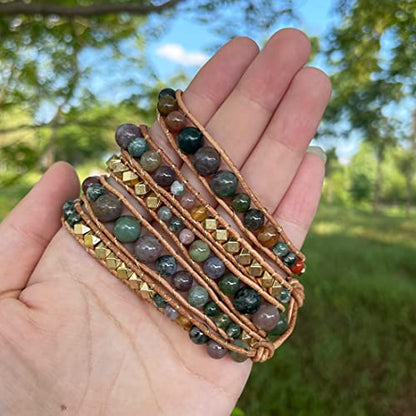 YGLINE Natural Stone Wrap Bracelet for Women Boho Bracelets Healing Crystal Beaded Bracelet Adjustable 3/5 Wraps Bracelet Handmade Birthday Gifts for Women - color: Agate-3w
