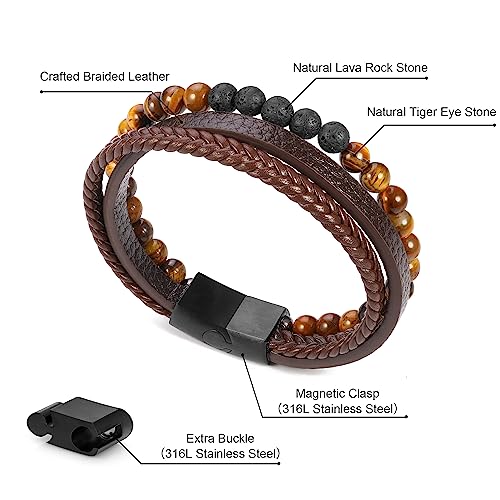 Bracelets for Men - Lava Rock Stone Tiger Eye Bead Bracelet for Men Black Mens Leather Bracelets Mens Anxiety Bracelet Leather Mens Bracelet Leather Bracelet for Mens Jewelry Men Gifts for Dad Husband