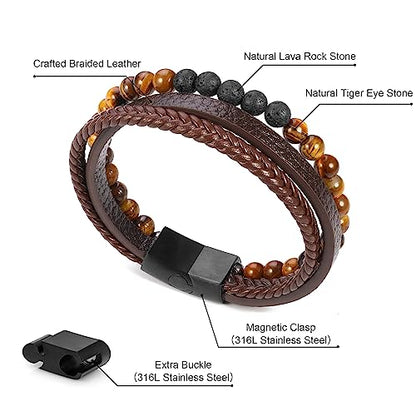 Bracelets for Men - Lava Rock Stone Tiger Eye Bead Bracelet for Men Black Mens Leather Bracelets Mens Anxiety Bracelet Leather Mens Bracelet Leather Bracelet for Mens Jewelry Men Gifts for Dad Husband