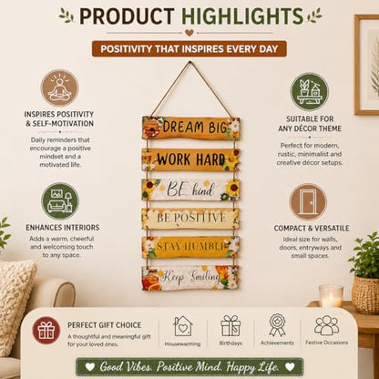 Crafter's Delight This inspirational hanging wall décor features a collection of uplifting motivational quotes beautifully displayed on connected wooden-style panels. Designed with floral accents and warm rustic tones, it adds positivity, charm, and a che