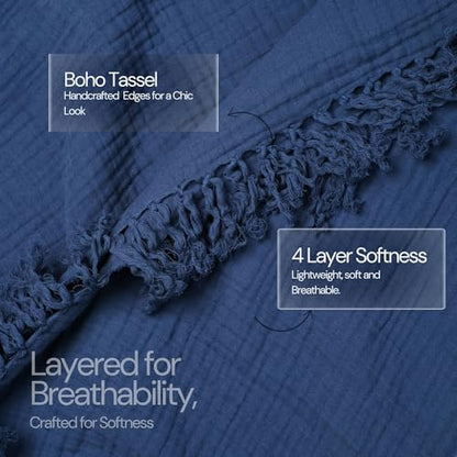100% Cotton Muslin Throw Blanket, Gauze Blanket 50"X60" Throw with Tassel 4 Layered for Couch, Bed, Living Room, Home,Lightweight & All Season Blankets & Throws, Skin Friendly(Navy Blue)