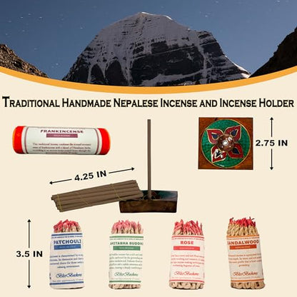 Meditation Accessories Gift Set With Guide: 4.5" Tibetan Singing Bowl Set,150 pcs Handmade Incense Variety Pack: Frankincense, Patchouli, Amitabha Buddha, Rose, Sandalwood, With Incense Holder