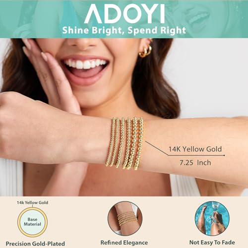 Gold Bracelets for Women Waterproof, 14K Gold Plated Beaded Strand Bead Ball Bracelets stack Adjustable Jewelry Set for Gifts