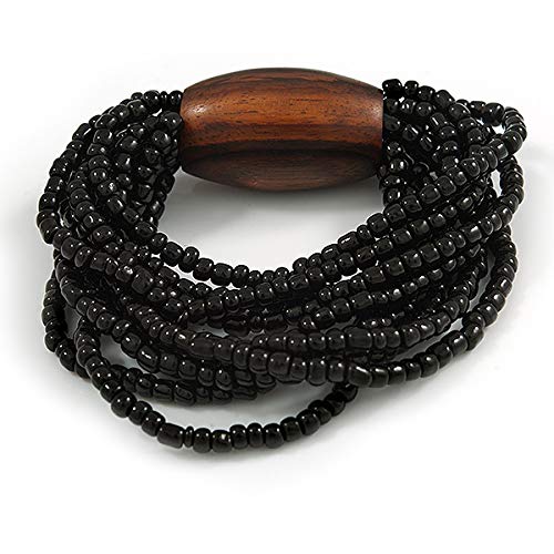Avalaya Multistrand Black Glass Bead with Brown Wooden Bead Flex Bracelet - Medium