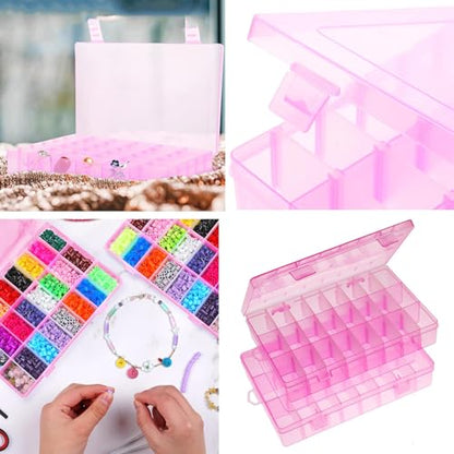 AKOAK 1 Pack 24 Grid Plastic Storage Case, Transparent Jewelry Display Organizer, Detachable Divider -7.5"x 5.1"x 1.4" for Beads, Jewelry, Earrings, Rings (Pink) - color: Pink