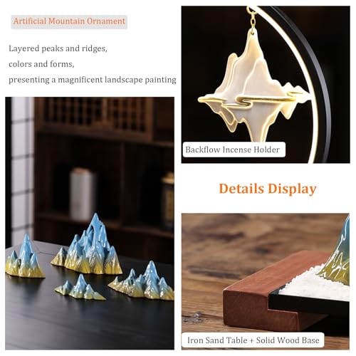 Landscape Desktop Decoration with LED Light Ring and backflow Incense Burner, Artificial Rockery Landscape on Solid Wood Base, Zen-Inspired Interior Decoration