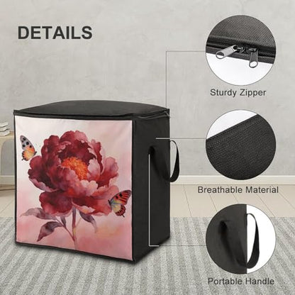 Flower Dark Red Storage Bag Portable Closet Organizer Storage Bags Quilt Storage Bags with Zippered Breathable Storage Bag with Carry Handles for Blanket Pillow Bedding