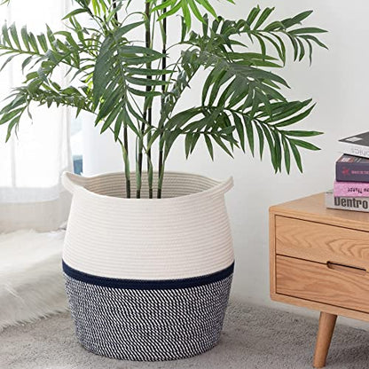 KAKAMAY Woven Baskets for Storage(17"x17"),Large Cotton Rope Basket Woven Baby Laundry Hamper,Collapsible Laundry Basket, Blanket Basket for Living Room,Nursery,Clothes, Toy chest(Navy Blue) - color: Navy Blue