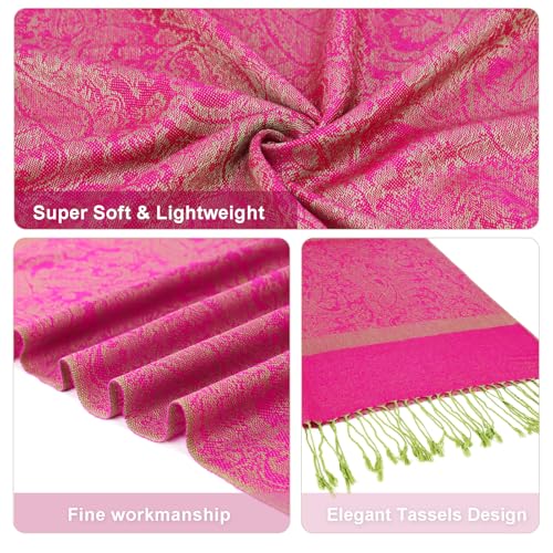 Silky Paisley Pashmina Shawl Scarf-Women's Soft Double-side Jacquard Pashminas Wrap for Evening Dress Travel Shawl - color: A-hot Pink/Green