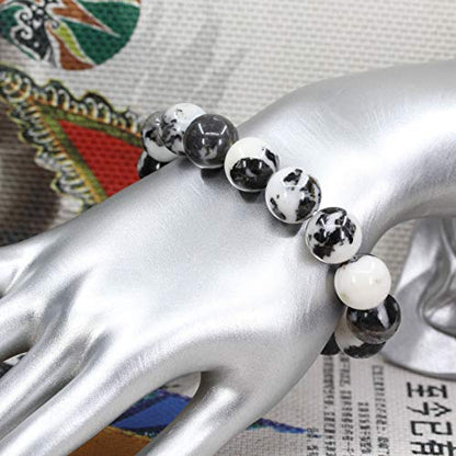 Keleny Natural Gem Semi Precious Gemstones 14mm Round Beads Crystal Stretch Bracelets 7 Inch Unisex - color: 14mm Black White Zebra Jasper