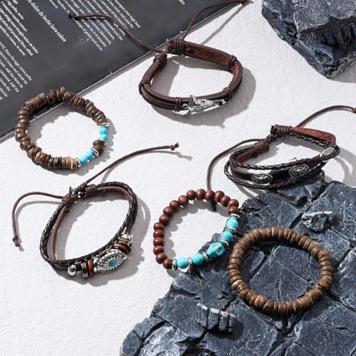 MILAKOO Mens Beaded Bracelets Tribal Wooden Elastic Adjustable Prayer Beads Wrap Cuff for Women - color: R: 5pcs