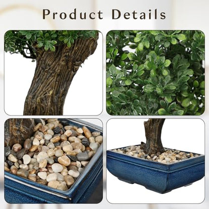 Artificial Bonsai Tree Juniper Faux Plants Indoor Fake Plants Decor with Blue Square Ceramic Pots for Home Table Office Desk Bathroom Shelf Bedroom Living Room Farmhouse Decorations - style: 16" Ficus