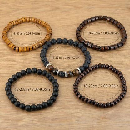 5-Piece Set Wooden Beaded Bracelets, Unisex, Rustic Bohemian Style,Vintage Fashion Jewelry Accessory, for Men and Women
