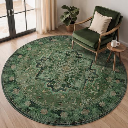 Green Round Rugs 6ft for Living Room, Washable Non Slip Low Pile Thin 6 Feet Circle Rug for Dining Room Table Kitchen, Vintage Medallion 6x6 Round Rug Carpet for Bedroom Home Office Nursery - color: Medallion-green, size: 6' (Round)