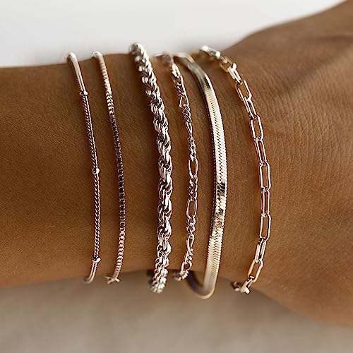 DEARMAY Gold Bracelets for Women Waterproof, 14K Gold Plated Stackable Jewelry Sets Non Tarnish Trendy Thin Dainty Cuban Link Paperclip Chain Bracelet Stack Fashion Accessories Gifts for Womens - style: chain