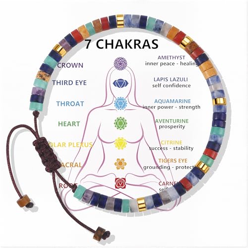 CASDAN Natural Crystal Beaded Bracelet for Women Natural Stone Adjustable Braided Rope Bracelets Spiritual Bracelet Inspirational Gifts - color: 7 Chakras