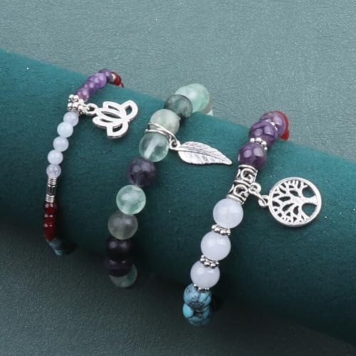 Tree of Life Yoga Healing Stone Bracelets,Multilayer Lotus Chakra Stone Reiki Bracelet Sets,Anxiety Crystal Natural Stone,for Women Stress Relief - style: chakra+green fluorite