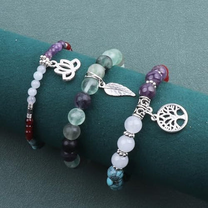 Tree of Life Yoga Healing Stone Bracelets,Multilayer Lotus Chakra Stone Reiki Bracelet Sets,Anxiety Crystal Natural Stone,for Women Stress Relief - style: chakra+green fluorite