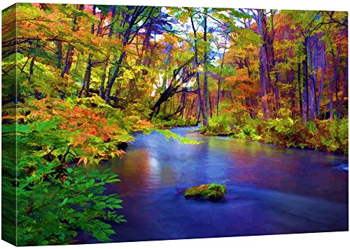 wall26 Canvas Print Wall Art Multicolor Autumn Forest with Blue River Floral Nature Illustrations Realism Bohemian Scenic Relax/Calm Cool for Living Room, Bedroom, Office - 12"x18" - color: 27. Painting of a Forest, size: 18"L x 12"W