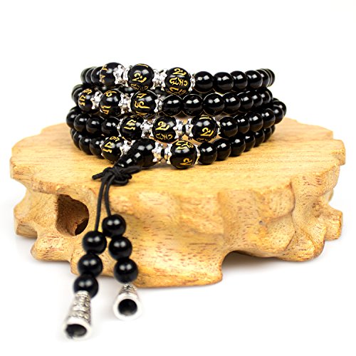 6mm 108 Mala Beads Bracelet Meditation Necklace Obsidian Beaded Prayer Buddhist Healing Stone Tiger Eye Jewelry - color: Om Mani Padme Hum