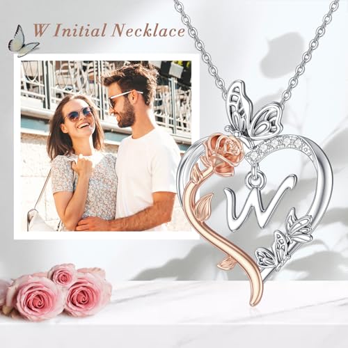 TOUPOP Gifts for Women Her 925 Sterling Silver Rose Heart Initial Necklace Butterfly Heart Jewelry Anniversary Birthday Gifts for Wife Girlfriend Mom - color: W Initial