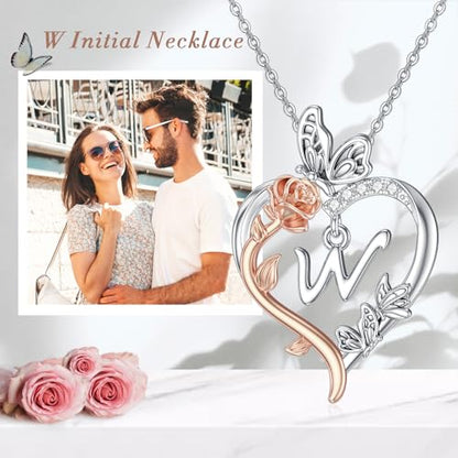 TOUPOP Gifts for Women Her 925 Sterling Silver Rose Heart Initial Necklace Butterfly Heart Jewelry Anniversary Birthday Gifts for Wife Girlfriend Mom - color: W Initial