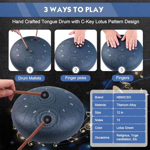 Steel Tongue Drum- 13 Note 12 Inches C-key Tongue Drum Percussion Instruments - Hand Pan Drum with Music Book for Meditation Entertainment Musical Education Concert Mind Healing Yoga