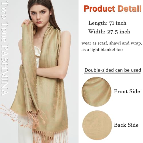Pashmina Shawl Wrap with Ethnic Paisley Two Tone Jacquard Scarf for Women - color: Light Green
